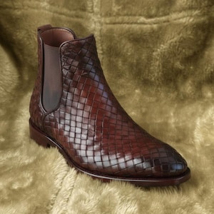 Bespoke Brown Woven Leather Chelsea Boots Mens Handcrafted Dress Ankle Boots