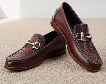 Herren Burgund gewebte Leder Horsebit Loafers | Oxblood Intrecciato Slip-On Abendschuhe | Luxus-formal & Hochzeitsschuhe für Herren
