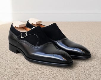 Bespoke Black Monk Strap Loafers Mens Formal Dress Shoes Slip On Brogues