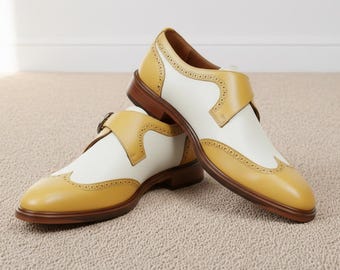 Men's Mustard White Two-Tone Wingtip Monk Strap Leather Shoes
