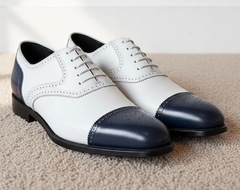Zapatos Oxford azules y blancos para hombre, zapatos de vestir bicolor, zapatos Oxford brogue con puntera reforzada, zapatos de cuero hechos a mano, calzado formal para bodas.