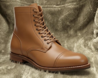 Tan Leather Cap Toe Boots – Handmade Men’s Lace Up Ankle Boots – Classic Dress Boots – Minimalist Leather Boots Formal & Casual Wear