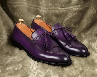 Purple Leather Tassel Loafers for Men – Handmade Luxury Dress Shoes, Kiltie Fringe Slip-On Shoes, Formal & Wedding Footwear