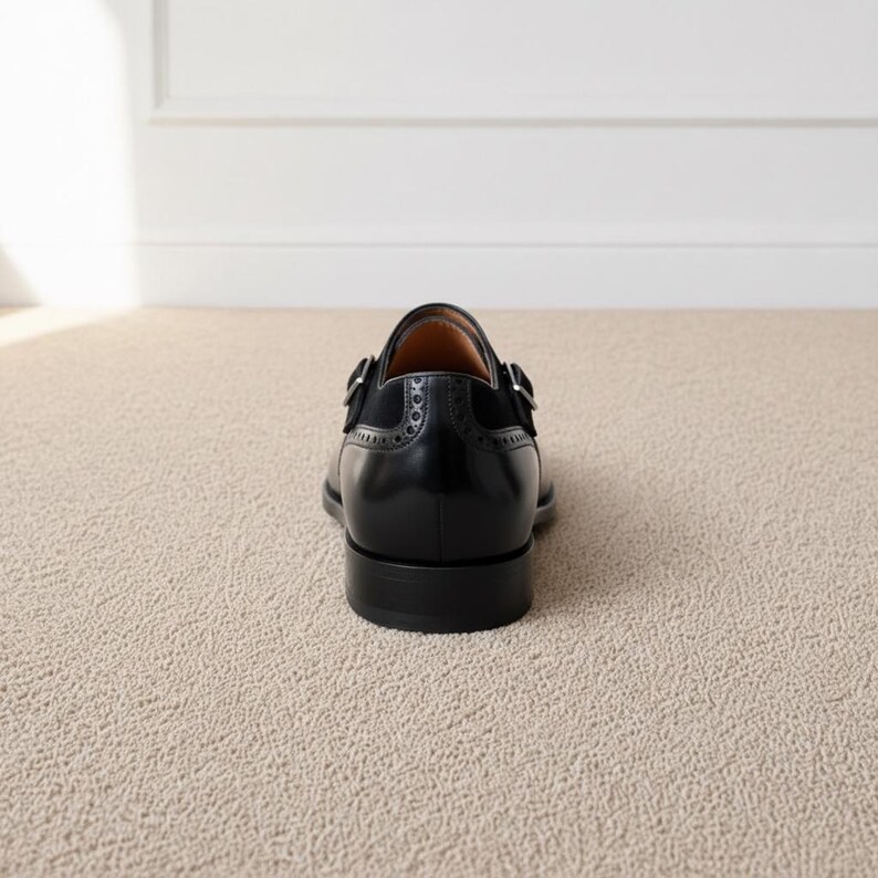 Close-up of elegant black leather dress shoes featuring decorative brogue detailing and side buckle