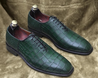 Zapatos de vestir de piel verde con relieve de cocodrilo para hombre, zapatos Oxford de lujo, zapatos formales con cordones, zapatos de boda para hombre, calzado de diseño.