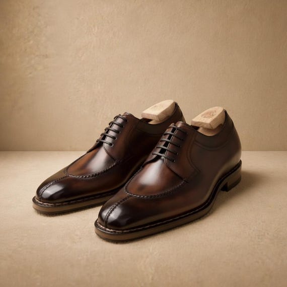 Handmade Brown Apron Toe Derby Shoes Mens Leather Lace Up Dress Shoes Classic Formal