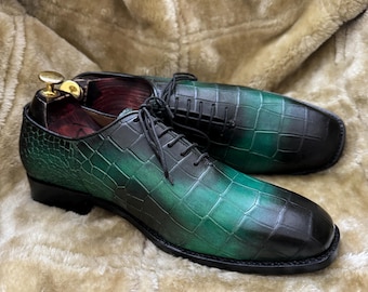 Handgemaakte groene krokodil reliëf oxford schoenen herenschoenen smaragdleren oxfords
