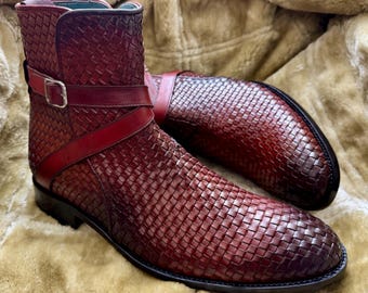 Brązowe, plecione skórzane botki typu Chelsea, ręcznie robione buty wizytowe