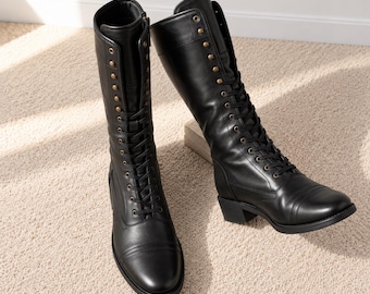 Botas altas de cuero negro con cordones para hombre, hechas a mano y a medida, estilo ecuestre.