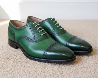Handcrafted Green Leather Cap Toe Oxford Shoes, Men's Brogue Dress Footwear