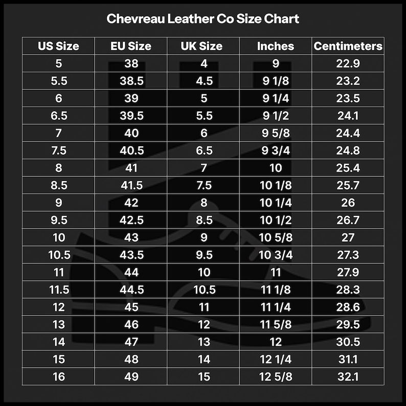 Pu&ograve; includere: Tabella delle taglie Chevreau Leather Co che mostra le taglie di scarpe USA, UE e Regno Unito con le corrispondenti misure in pollici e centimetri. Le taglie vanno dalla taglia USA 5 (9 pollici, 22,9 cm) alla taglia USA 16 (12 5/8 pollici, 32,1 cm).