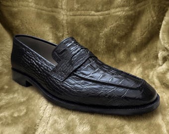 Black Crocodile Embossed Handmade Penny Loafers Mens Dress Shoes Luxury Slip On Loafers