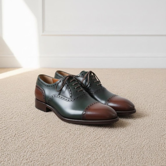 Bespoke Green Brown Cap Toe Oxfords Mens Brogue Dress Shoes Formal Leather Shoes