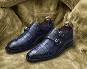 Auf Bestellung Luxus Navy Blau Croc Geprägte Doppel Monk Strap Kleid Schuhe für Männer