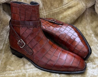 Handgemachte Braune Krokodilprägung Leder Monk Strap Stiefeletten