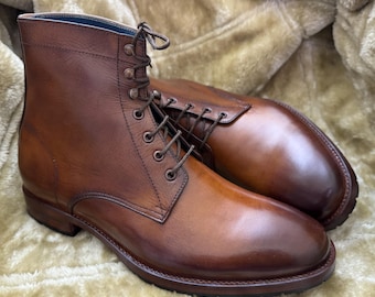 Brown Leather Ankle Boots Mens: Hand-Burnished Lace-Up Dress Boots