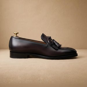 Side profile of men's dark brown tassel loafer showing smooth leather upper, black leather outsole, low heel stack, and pointed moc-toe silhouette