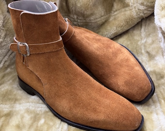 Handmade Tan Suede Jodhpur Boots - Buckle Strap Ankle Boots