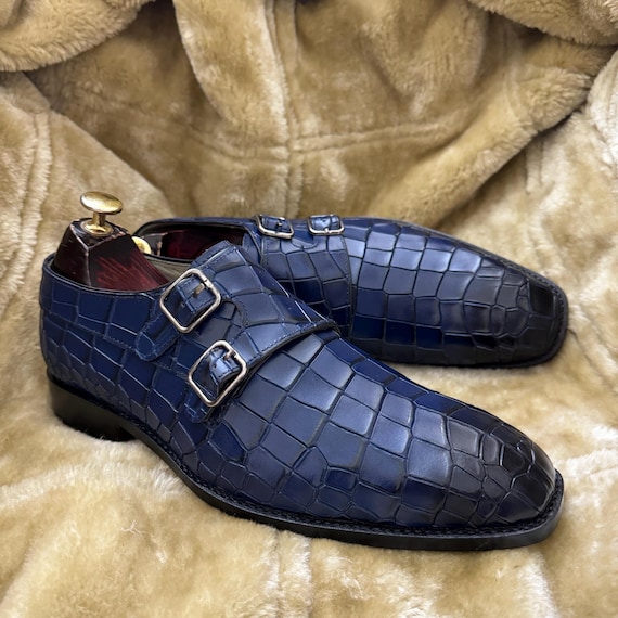 Handmade Navy Crocodile Embossed Double Monk Strap Dress Shoes