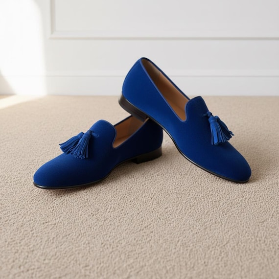Bespoke Handmade Royal Blue Tassel Loafers Mens Velvet Slip On Dress Shoes Luxury Loafers
