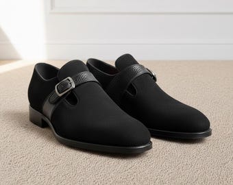 Zapatos negros tipo monk strap para hombre, zapatos de vestir de cuero hechos a mano, zapatos formales con hebilla, calzado clásico para bodas y oficina, estilo mocasín minimalista de lujo.