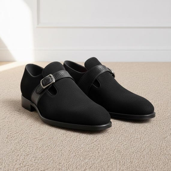 Men's Black Monk Strap Shoes, Handmade Leather Dress, Formal Buckle Footwear