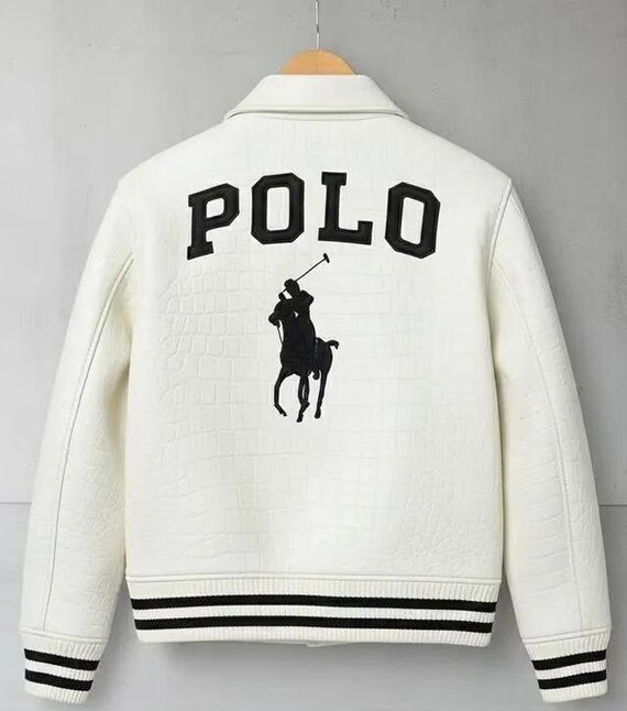 Ralph Lauren White Leather Bomber Jacket, Embroidered Polo Logo, Varsity Style