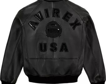 Chaqueta bomber Avirex de piel de vaca negra para hombre, con bordado de EE. UU.