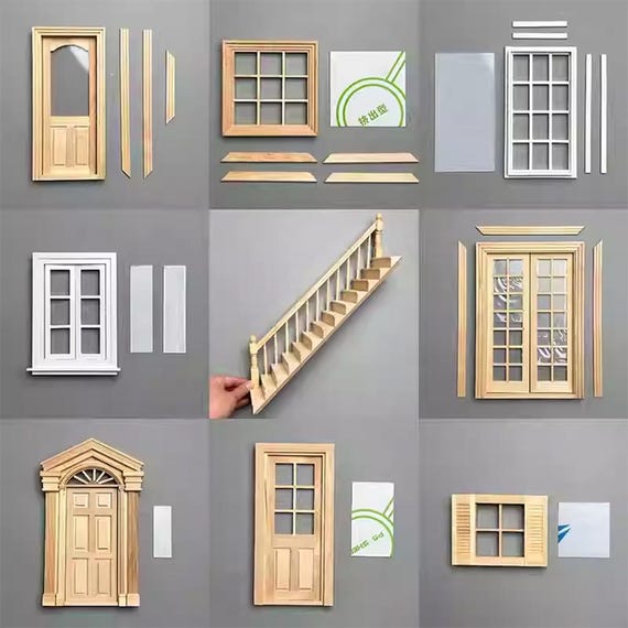 Dollhouse Miniature Staircase Handrail - Left Right with Nano Glue Dots Wooden Ladder Windows Doors Accessories