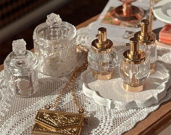 1:12 Scale Miniature Makeup Set - Dollhouse Vanity Cosmetics, Realistic Mini Lipstick Perfume Compact, Vintage Beauty Props Decor, gifts
