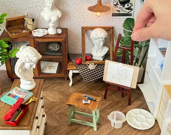 Miniature Artist Studio Set - Dollhouse Painting Supplies, Mini Easel Paint Box Art Palette, Realistic Art Decor Accessories