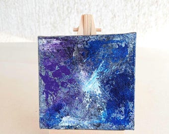 Mini tela astratta scura – Opera d'arte testurizzata dipinta a mano (3,94×3,94 pollici) - Indigo Drift