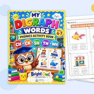 May include: A phonics activity book titled My Digraph Words featuring a cartoon owl wearing a graduation cap and glasses. The cover displays digraphs CH, CK, SH, TH, and WH with illustrations. Included are printable pages with exercises.
