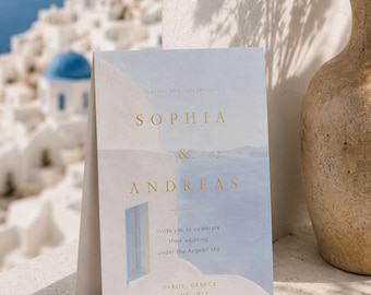 Greek Island Wedding Invitation Template | Editable Mediterranean Wedding Suite