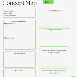 May include: A student concept map with text fields for patient information, assessment findings, nursing diagnoses, interventions, and patient education. The title "Student-Concept Map" is at the top.