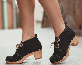 Bottines pour femmes, bottes en bois, chaussures à plateforme, mules pour femmes, faites à la main, Sandgrens, cuir nubuck noir