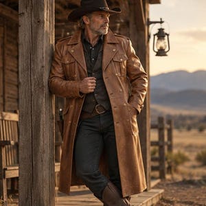 Men's Classic Luxury Real Leather Coat / Long Royal European Trench Winter Overcoat / Casual Coat