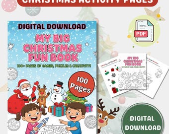 May include: A digital download of a Christmas activity book titled "My Big Christmas Fun Book." The cover features cartoon illustrations of Santa, a snowman, and children. The book promises over 100 pages of games, puzzles, and creativity. A PDF icon is also visible.