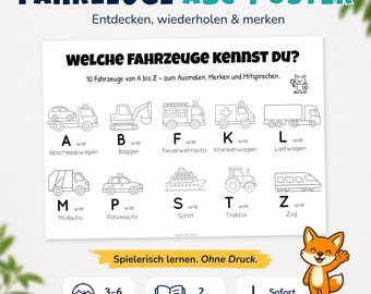 ABC Poster Vehicles | Alphabet Learning Poster for Children's Rooms A4, A3 | Learning Letters Preschool & Kindergarten | Printable PDF