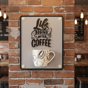 May include: A sign with the words "Life Begins After Coffee" in black script and a white coffee mug with black line drawings of coffee-related items. The sign is mounted on a brick wall, with a restaurant setting in the background.