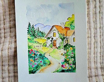 Acuarela de cabaña – Arte acogedor estilo cottagecore de 15 x 20 cm – Ilustración de jardín floral – Arte mural con paisajes caprichosos – Acuarela original