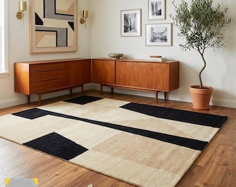 Alfombra moderna de rayas neutras, área minimalista en negro y beige, alfombra de lana escandinava, dormitorio con mechones hechos a mano, decoración de suelo contemporánea