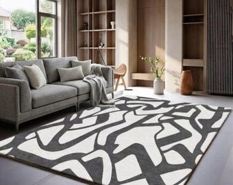 Tappeto moderno astratto bianco e nero, design geometrico minimalista, tappeto contemporaneo in lana, soggiorno neutro, grande elemento di design su misura.