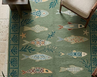 Hand Knotted Wool Fish Rug, Coastal Marine Life Beach House Decor
