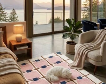 Geometrischer Wollteppich, Rosa-Beige-Gittermuster, handgefertigter getufteter Bereich, skandinavischer minimalistischer Teppich, Wohnzimmerdekor