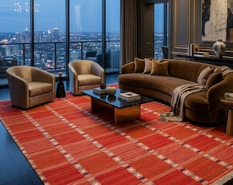 Handwoven Red Plaid Cotton Dhurrie Rug, Traditional Indian Flatweave Carpet
