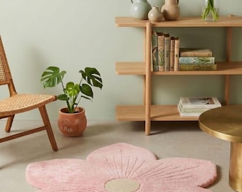 Alfombra rosa con estampado floral, diseño de margaritas, lana hecha a mano, decoración para habitaciones infantiles, alfombra para dormitorio, felpa suave.