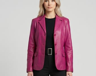 Chaqueta tipo blazer de cuero rosa para mujer, corte ajustado, con botones, estilo clásico, elegante y formal para la oficina. Abrigo de cuero auténtico, regalo para ella.