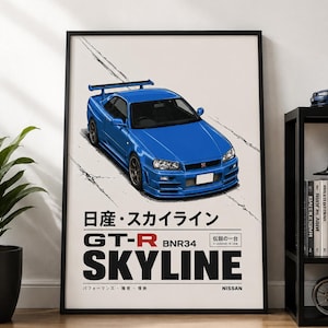 Peut inclure: A framed poster with a blue Nissan Skyline GT-R BNR34 car illustration. The poster includes Japanese text and the word "SKYLINE". The car is on a white background with black lines. The poster is in a black frame.