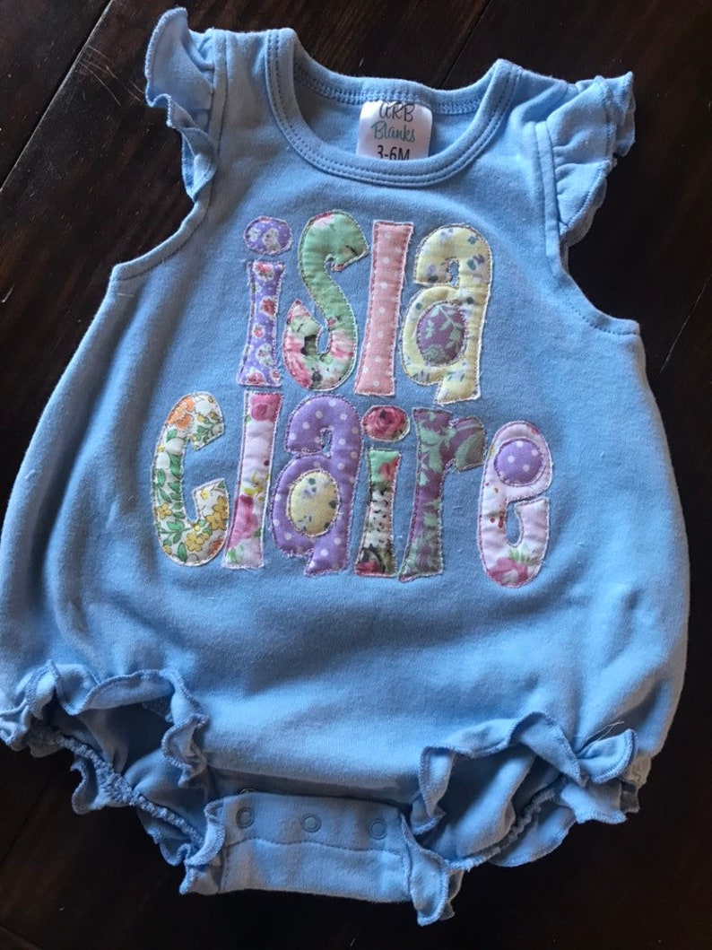 Baby girl blue vintage stitched floral name embroidered bubble romper
